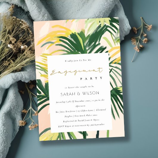Boho Blush Green Tropical Palm Beach Verloving in Kaart