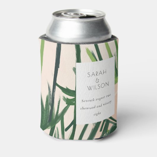 Boho Blush Green Tropical Palm Beach Wedding Blikjeskoeler (Blikje Achterkant)