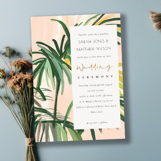 Boho Blush Green Tropical Palm Beach Wedding Kaart