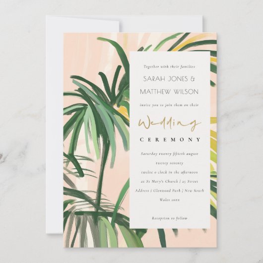 Boho Blush Green Tropical Palm Beach Wedding Kaart (Voorkant)