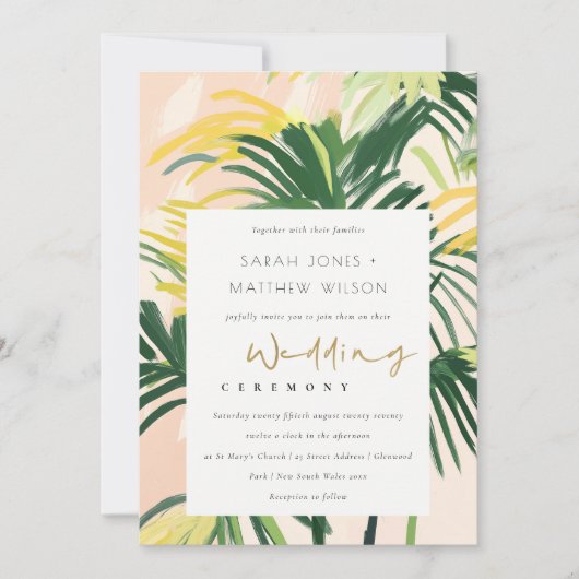 Boho Blush Green Tropical Palm Beach Wedding Kaart (Voorkant)