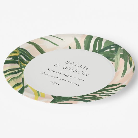 Boho Blush Green Tropical Palm Beach Wedding Papieren Bordje (Gekanteld)