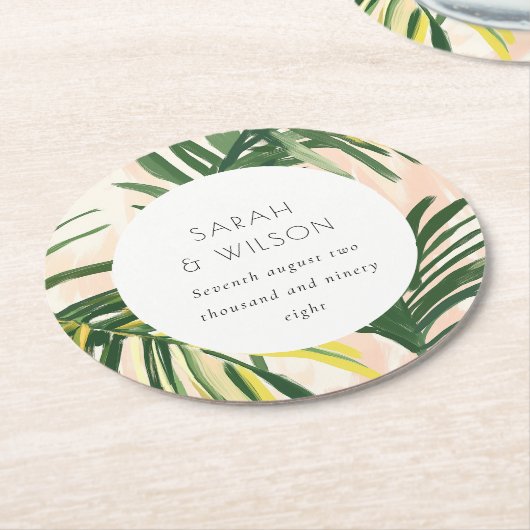 Boho Blush Green Tropical Palm Beach Wedding Ronde Kartonnen Onderzetter (Gebogen)