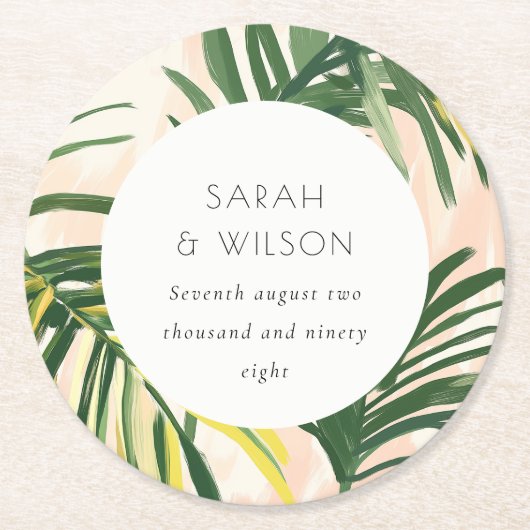 Boho Blush Green Tropical Palm Beach Wedding Ronde Kartonnen Onderzetter (Voorkant)
