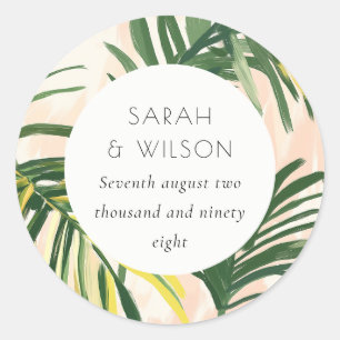 Boho Blush Green Tropical Palm Beach Wedding Ronde Sticker