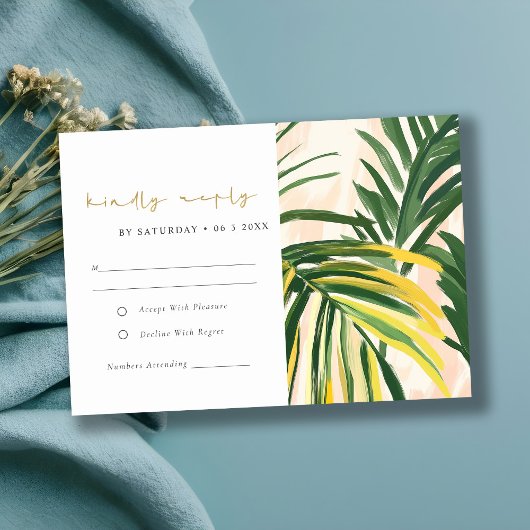Boho Blush Green Tropical Palm Beach Wedding RSVP Kaartje