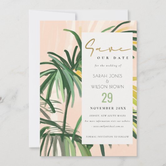 Boho Blush Green Tropical Palm Beach Wedding Save The Date (Voorkant)