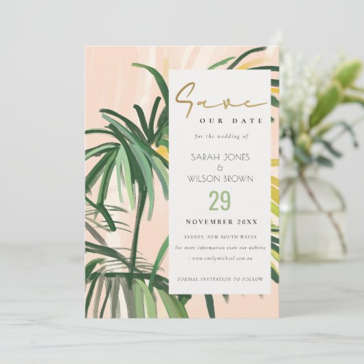 Boho Blush Green Tropical Palm Beach Wedding Save The Date (Staand voorkant)