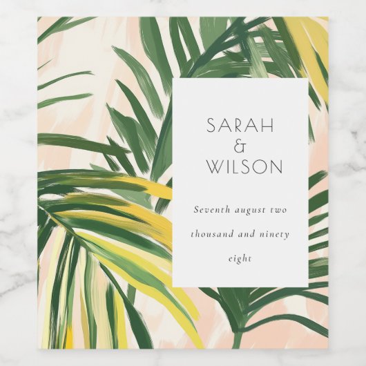 Boho Blush Green Tropical Palm Beach Wedding Wijn Etiket (Enkel label)