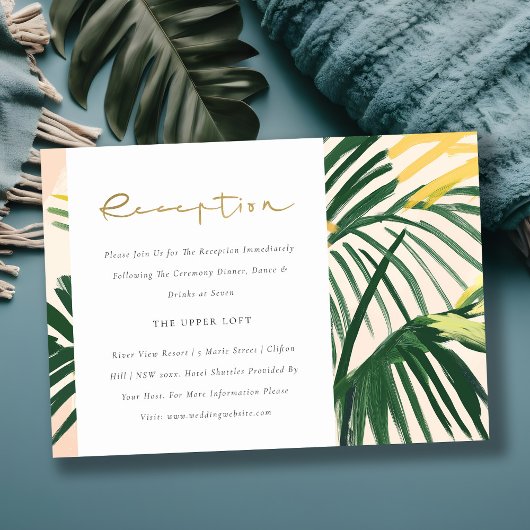 Boho Blush Green Tropical Palm bruiloft receptie Informatiekaartje