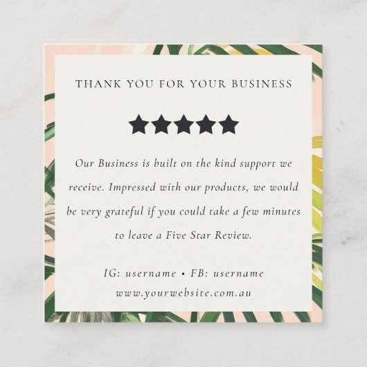 Boho Blush Green Tropical Palm Leaf Review Verzoek Vierkante Visitekaartje (Achterkant)