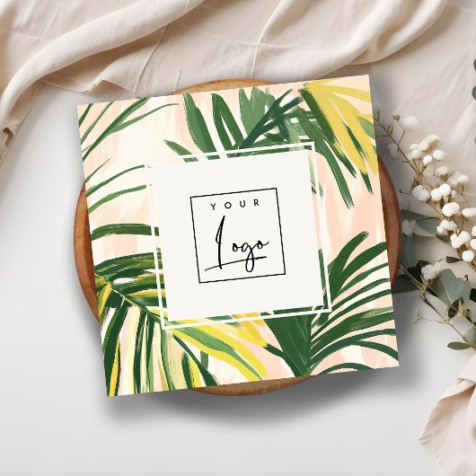 Boho Blush Green Tropical Palm Leaves Beach Logo Vierkante Visitekaartje