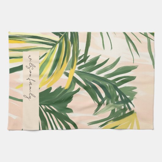 Boho Blush Green Tropical Palm Leaves Beach Theedoek (Horizontaal)