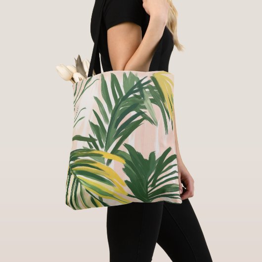 Boho Blush Green Tropical Palm Leaves Beach Tote Bag (Dichtbij)