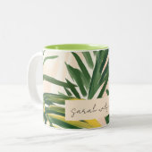Boho Blush Green Tropical Palm Leaves Beach Tweekleurige Koffiemok (Voorkant links)