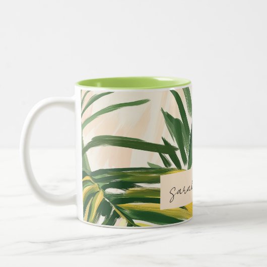 Boho Blush Green Tropical Palm Leaves Beach Tweekleurige Koffiemok (Links)