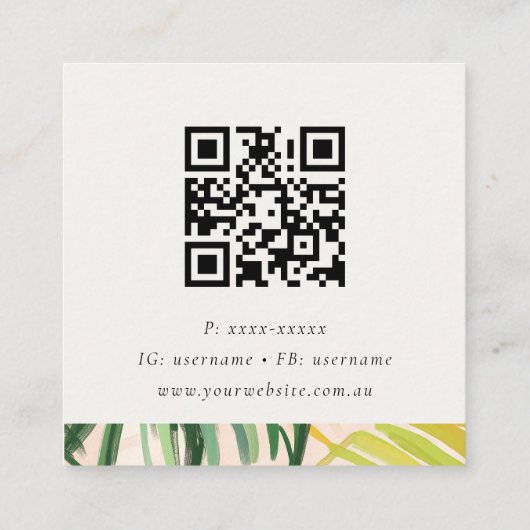 Boho Blush Green Tropical Palm Leaves QR-code Vierkante Visitekaartje (Achterkant)
