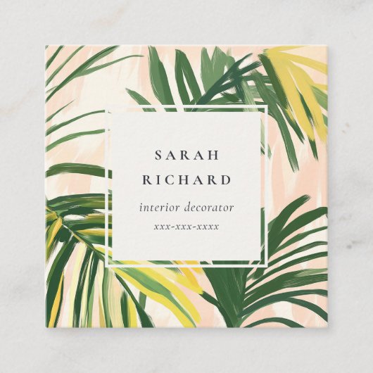 Boho Blush Green Tropical Palm Leaves QR-code Vierkante Visitekaartje (Voorkant)