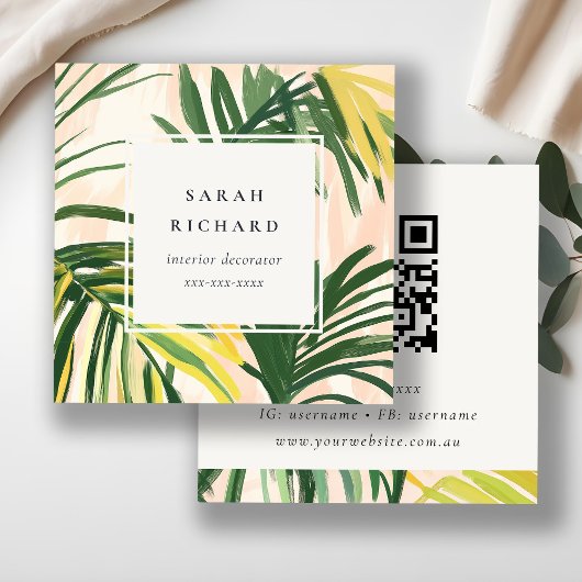 Boho Blush Green Tropical Palm Leaves QR-code Vierkante Visitekaartje