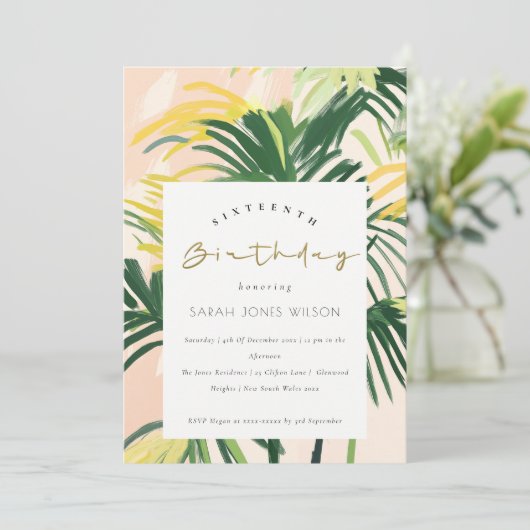 Boho Blush Green Tropical Palm Sweet 16 Verjaardag Kaart (Staand voorkant)