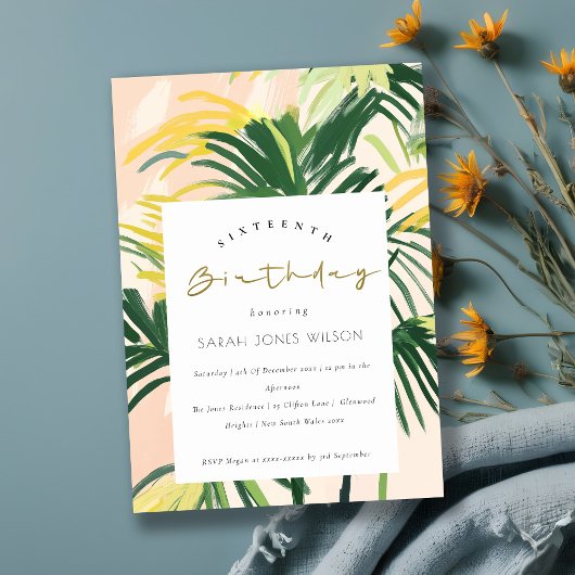 Boho Blush Green Tropical Palm Sweet 16 Verjaardag Kaart