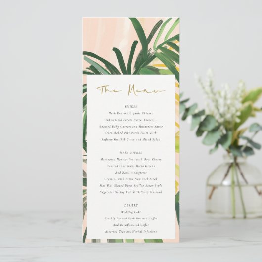 Boho Blush Green Tropical Palm Wedding Menu Kaart (Staand voorkant)