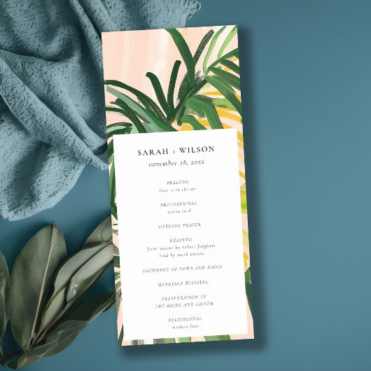 Boho Blush Green Tropical Palm Wedding Programma