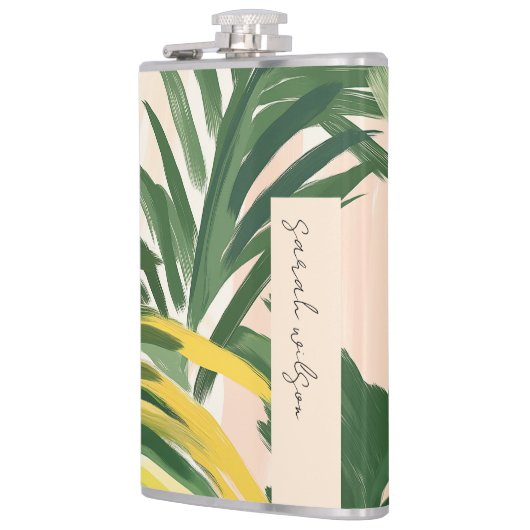 Boho Blush Groene Tropische Palm Beach Bladeren Heupfles (Links)