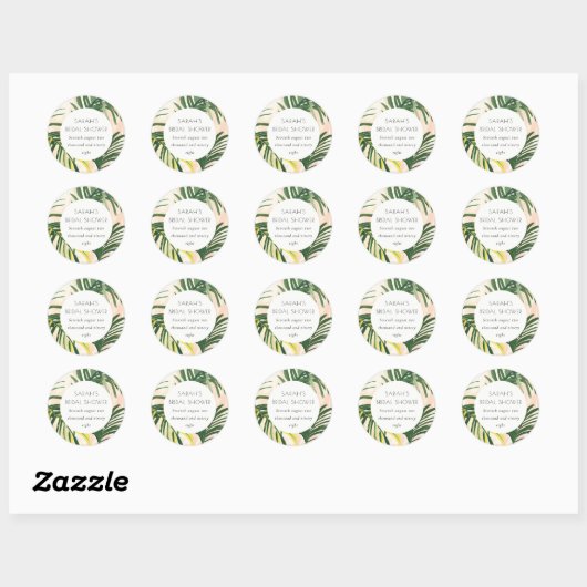 Boho Blush Groene Tropische Palm Bruiloft Feest Ronde Sticker (Vel)