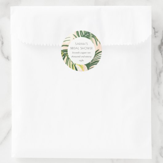 Boho Blush Groene Tropische Palm Bruiloft Feest Ronde Sticker (Tas)