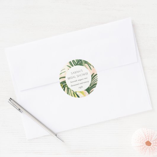 Boho Blush Groene Tropische Palm Bruiloft Feest Ronde Sticker (Envelop)