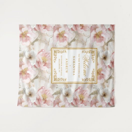 Boho Blush Ivoor Goud Bloemen Trouwbanner Wandkleed (Voorkant (horizontaal))