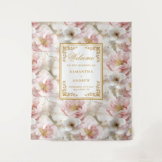 Boho Blush Ivoor Goud Bloemen Trouwbanner Wandkleed (Voorkant)