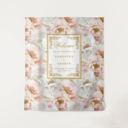 Boho blush ivoor gouden bloemen bruiloft wandtapij wandkleed (Voorkant)