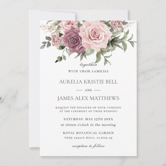 Boho Blush Kaneel Roos Bloemen Groen Bruiloft Kaart (Voorkant)