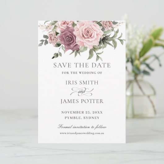 Boho Blush Kaneel Roos Bloemen Groen Bruiloft Save The Date (Staand voorkant)