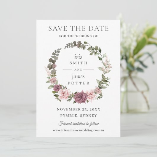 Boho Blush Kaneel Roos Bloemige Groene Huwelijksfe Save The Date (Staand voorkant)