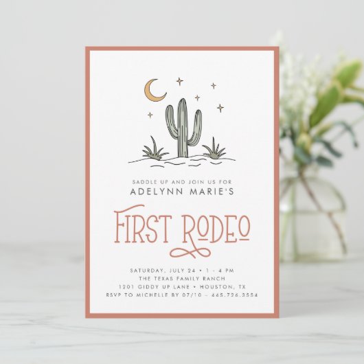 Boho Blush Modern Girls Eerste Rodeo 1e verjaardag Kaart (Staand voorkant)