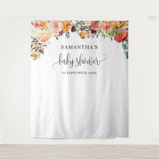 Boho blush oranje burgundy herfst bloemstuk achter wandkleed (Voorkant)