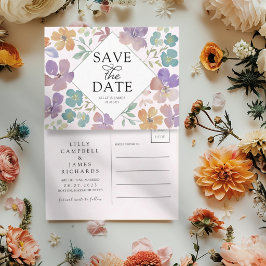 Boho Blush & Paarse Wilde Bloemen Bewaar de Datum Aankondigingskaart