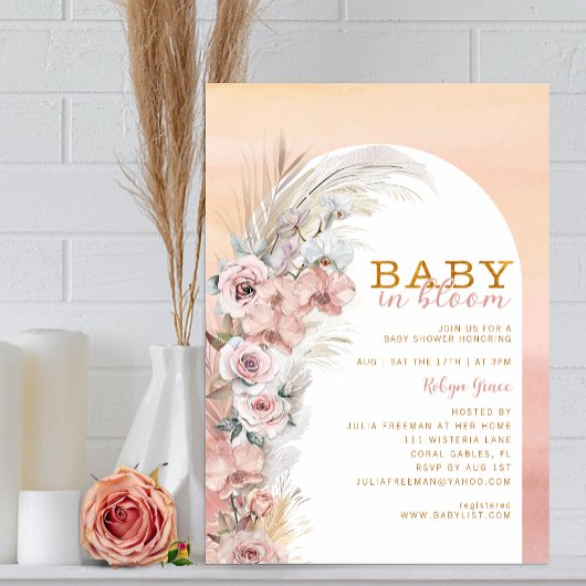 Boho Blush Pampas Baby in Bloom Invitation Kaart