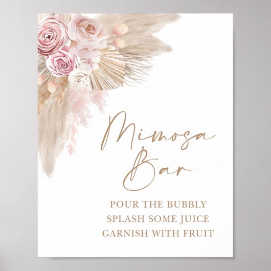Boho Blush Pampas Bloemen Mimosa Bar Bruiloft Bord Poster (Voorkant)