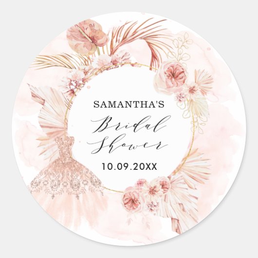Boho Blush Pampas Glitter Jurk Bruidsdouche Ronde Sticker (Voorkant)