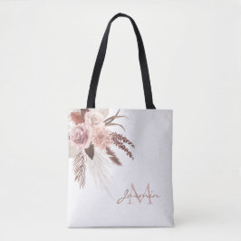 Boho Blush Pampas Gras Bloemend Monogram Tote Bag