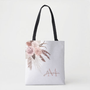 Boho Blush Pampas Gras Bloemend Monogram Tote Bag