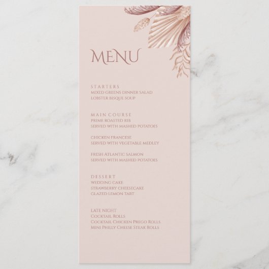 Boho Blush Pampas Gras Trouw Menu Kaart (Voorkant)