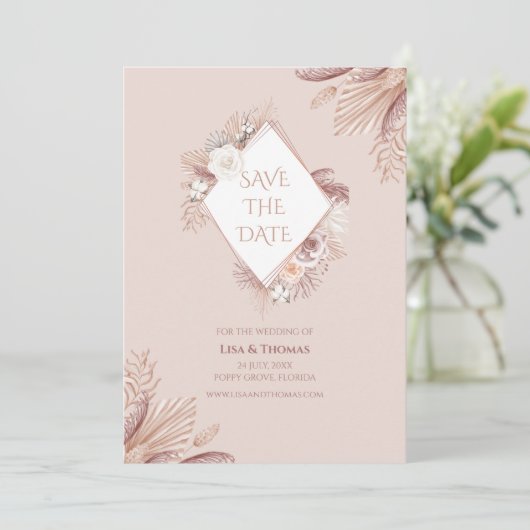 Boho Blush Pampas Grass Save the Date Kaart (Staand voorkant)