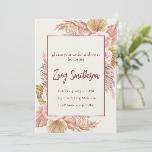 Boho Blush Pampas Grass Uitnodiging (Staand voorkant)