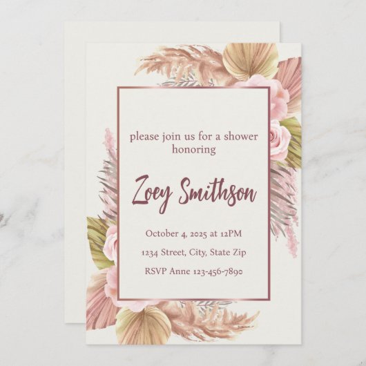 Boho Blush Pampas Grass Uitnodiging (Voorkant / Achterkant)