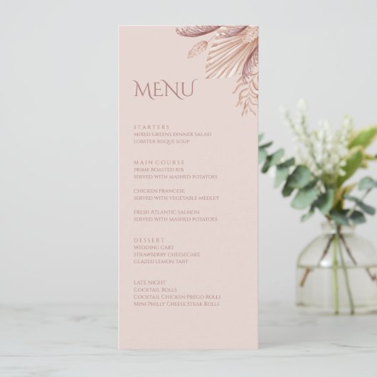 Boho Blush Pampas Grass Wedding Menu Kaart (Staand voorkant)